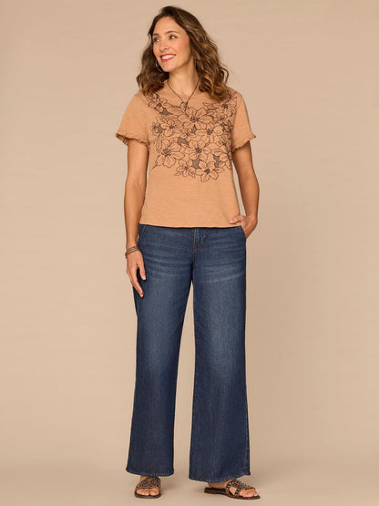 Democracy Clothing Short Ruffle Edge Sleeve Crew Neck Floral Embroidered Petite Knit Top - Sandcastle Dark Licorice