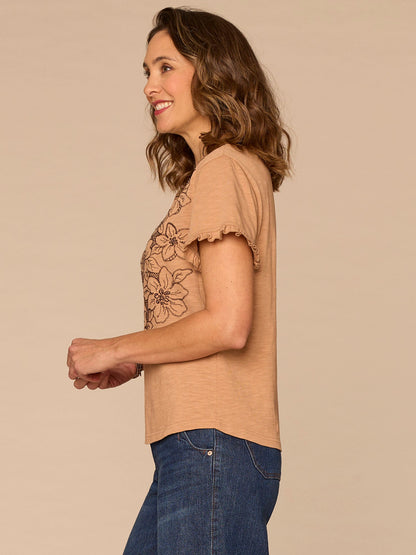 Democracy Clothing Short Ruffle Edge Sleeve Crew Neck Floral Embroidered Petite Knit Top - Sandcastle Dark Licorice