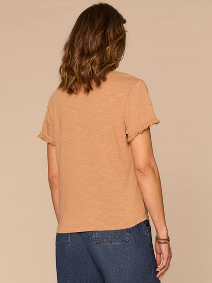 Democracy Clothing Short Ruffle Edge Sleeve Crew Neck Floral Embroidered Petite Knit Top - Sandcastle Dark Licorice