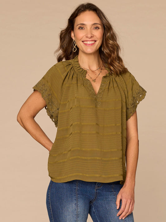 Democracy Clothing Short Sleeve Ruffle Split Neck Embroidered Petite Woven Top - Harvest Green|Beet Red|Soft Linen