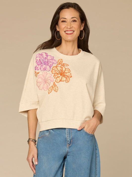 Democracy Clothing Three Quarter Dolman Sleeve Scoop Neck Embroidered Petite Knit Top - Heather Oatmeal Multi