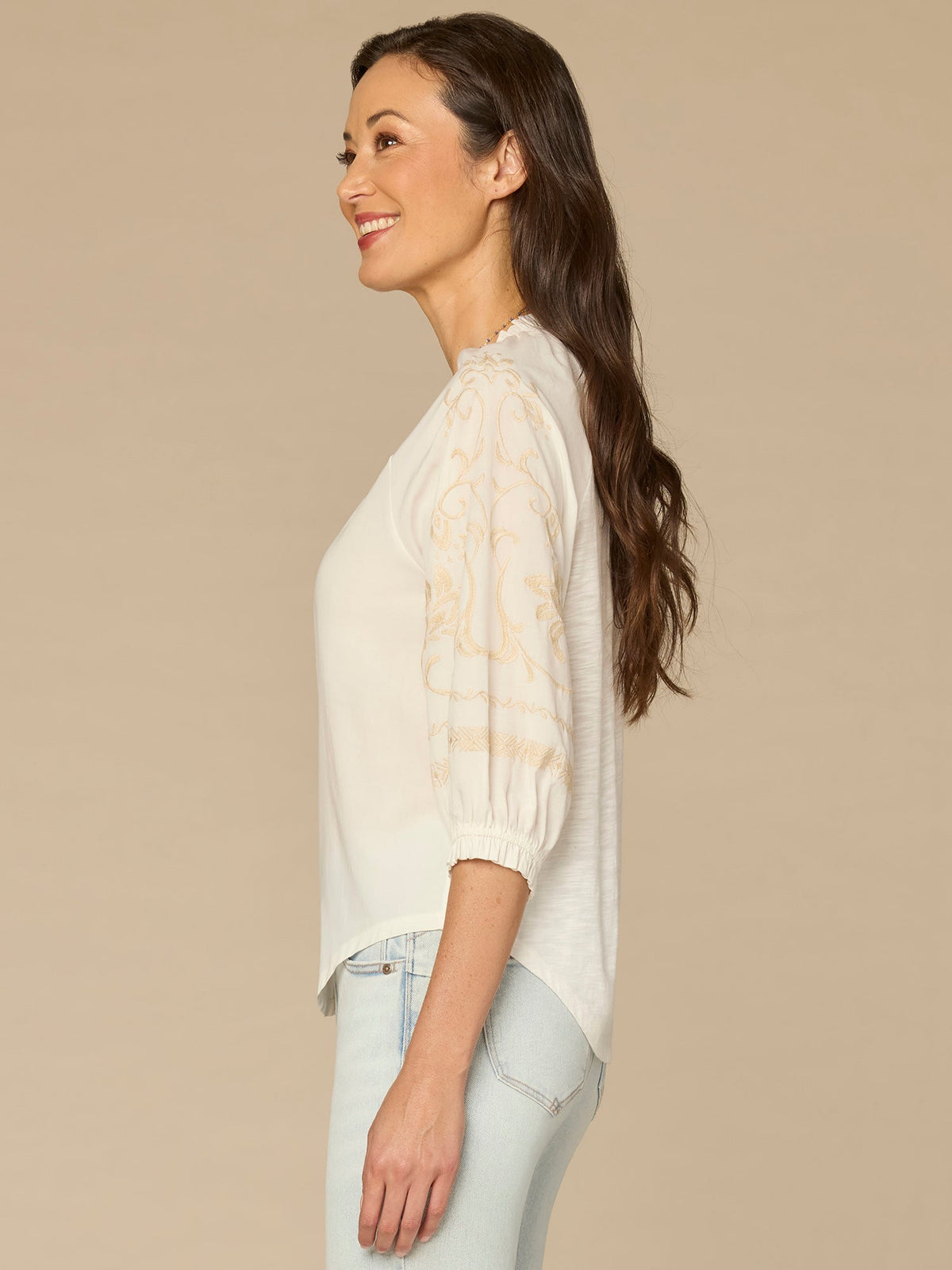 Democracy Clothing Blouson Sleeve Ruffle Neck Floral Placket Mixed Media Woven Top - Natural Off White