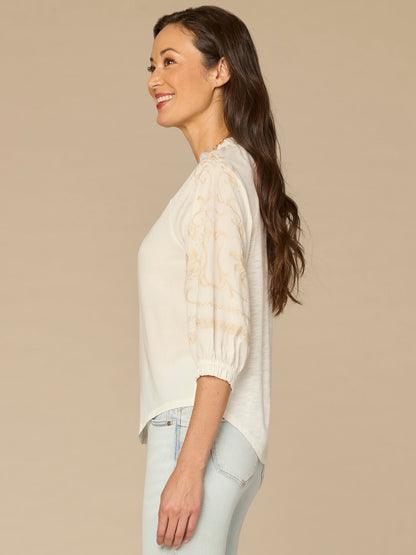 Democracy Clothing Blouson Sleeve Ruffle Neck Floral Placket Mixed Media Woven Top - Natural Off White