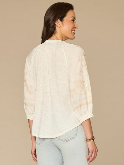 Democracy Clothing Blouson Sleeve Ruffle Neck Floral Placket Mixed Media Woven Top - Natural Off White