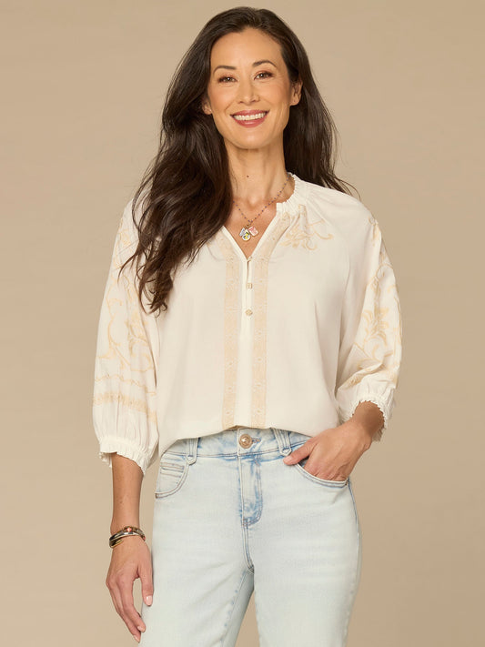 Democracy Clothing Blouson Sleeve Ruffle Neck Floral Placket Mixed Media Petite Woven Top - Natural Off White