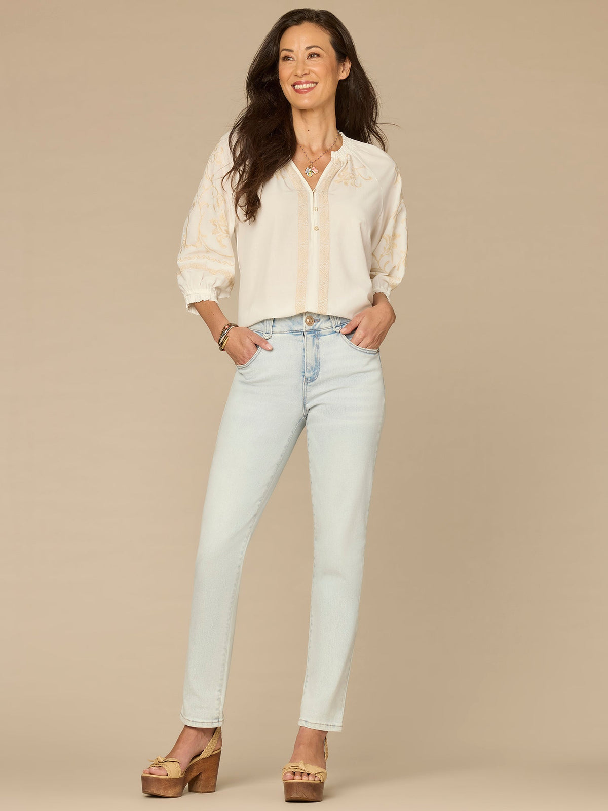 Democracy Clothing Blouson Sleeve Ruffle Neck Floral Placket Mixed Media Woven Top - Natural Off White