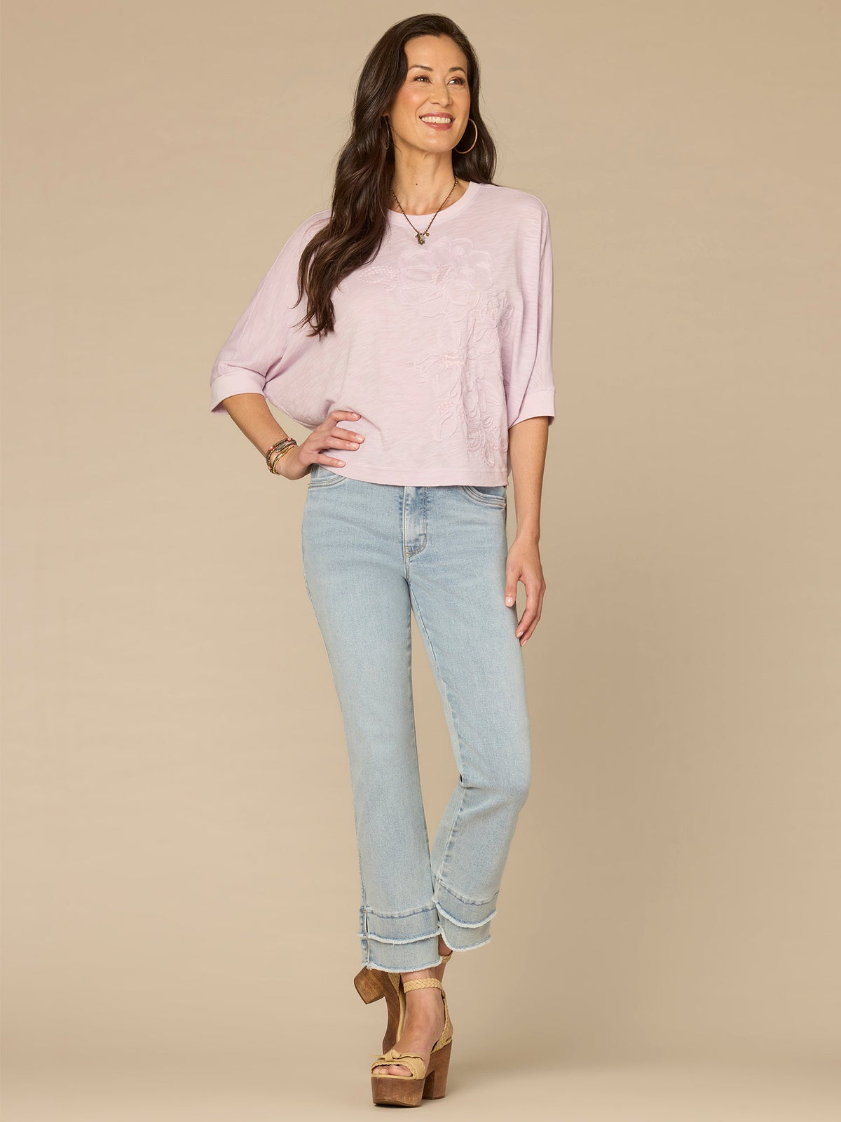 Democracy Clothing Three Quarter Dolman Sleeve Scoop Neck Floral Embroidered Knit Top - Navy Multi|Lavender Haze Multi