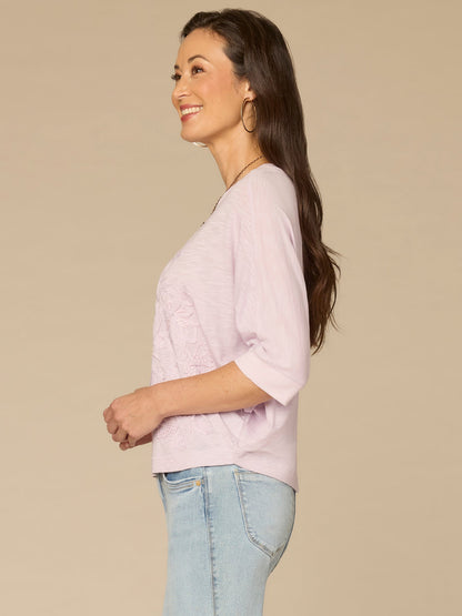 Democracy Clothing Three Quarter Dolman Sleeve Scoop Neck Floral Embroidered Knit Top - Navy Multi|Lavender Haze Multi