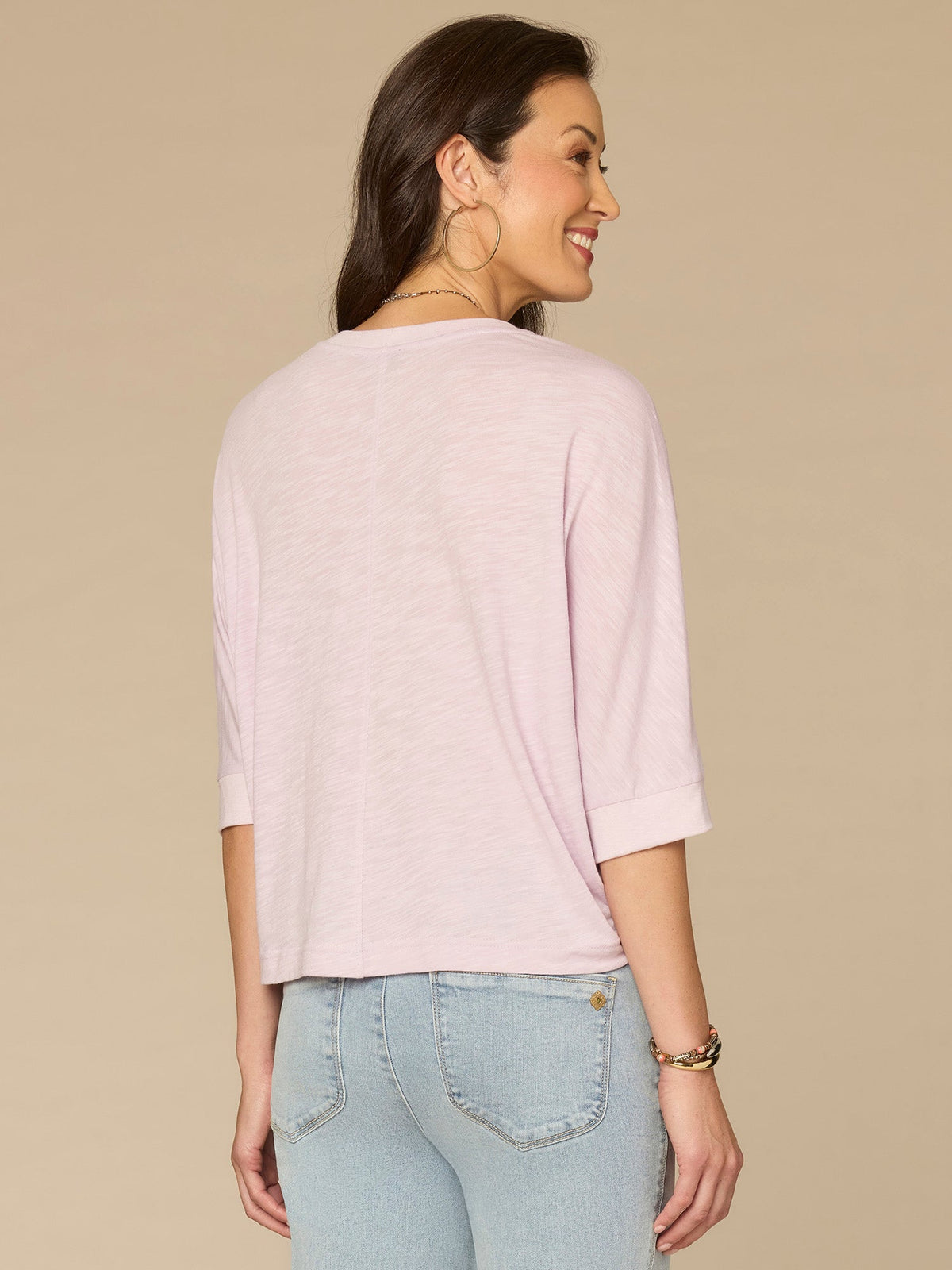 Democracy Clothing Three Quarter Dolman Sleeve Scoop Neck Embroidered Petite Knit Top - Navy Multi|Lavender Haze Multi