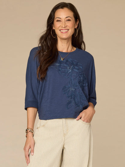 Democracy Clothing Three Quarter Dolman Sleeve Scoop Neck Floral Embroidered Knit Top - Navy Multi|Lavender Haze Multi