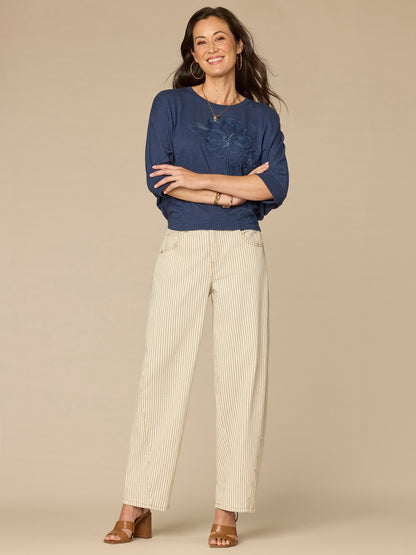 Democracy Clothing Three Quarter Dolman Sleeve Scoop Neck Embroidered Petite Knit Top - Navy Multi|Lavender Haze Multi