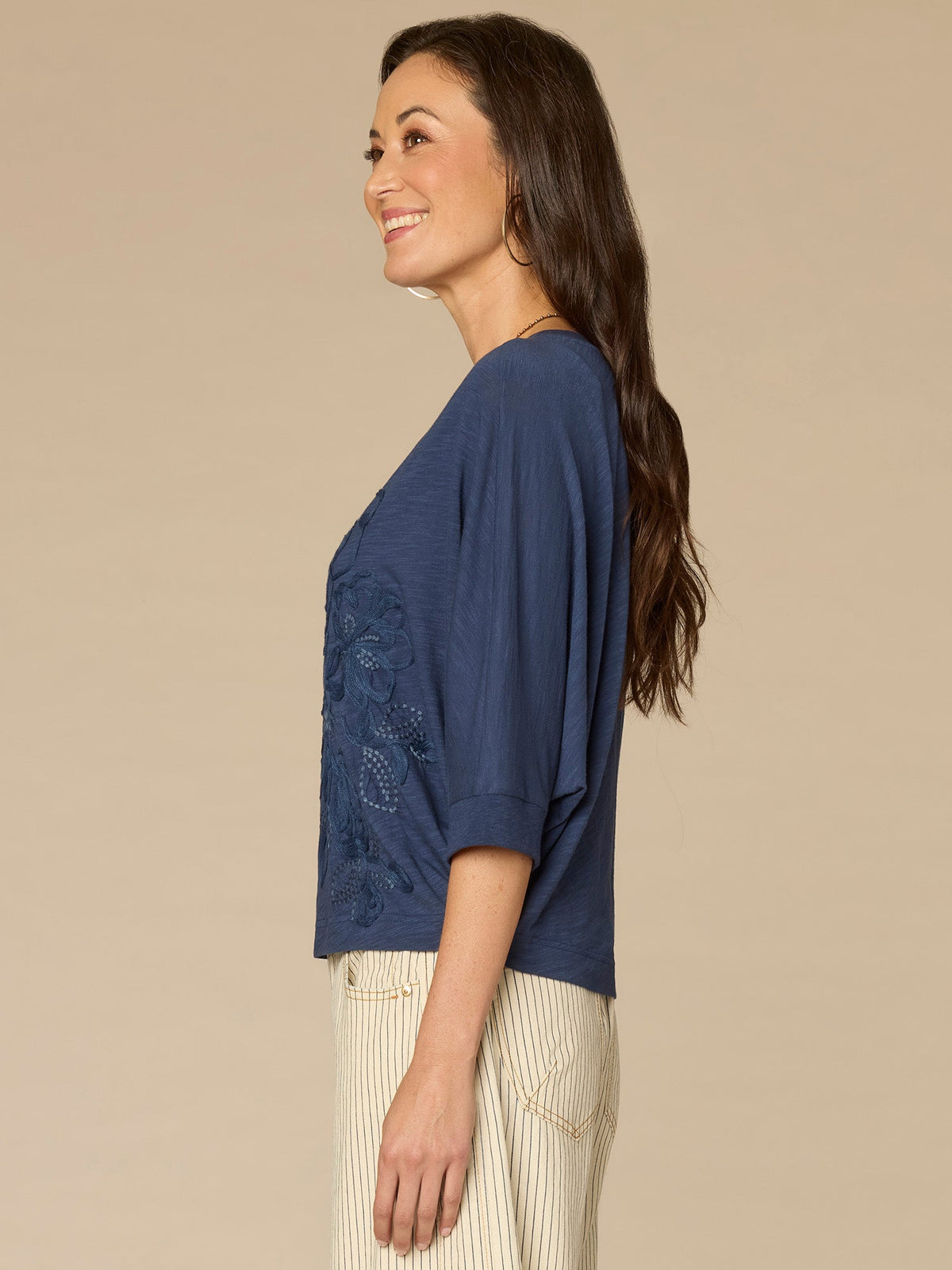 Democracy Clothing Three Quarter Dolman Sleeve Scoop Neck Floral Embroidered Knit Top - Navy Multi|Lavender Haze Multi