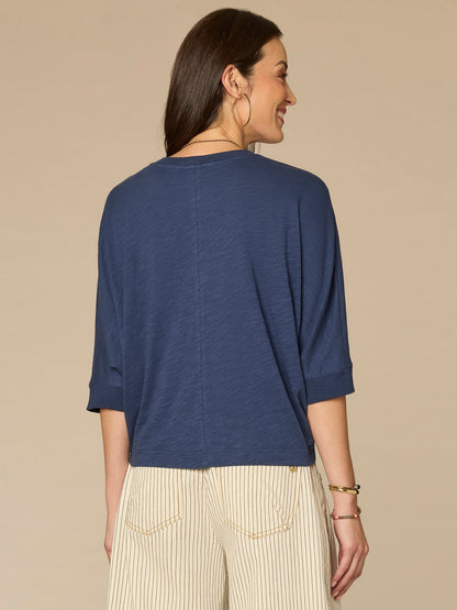 Democracy Clothing Three Quarter Dolman Sleeve Scoop Neck Floral Embroidered Knit Top - Navy Multi|Lavender Haze Multi