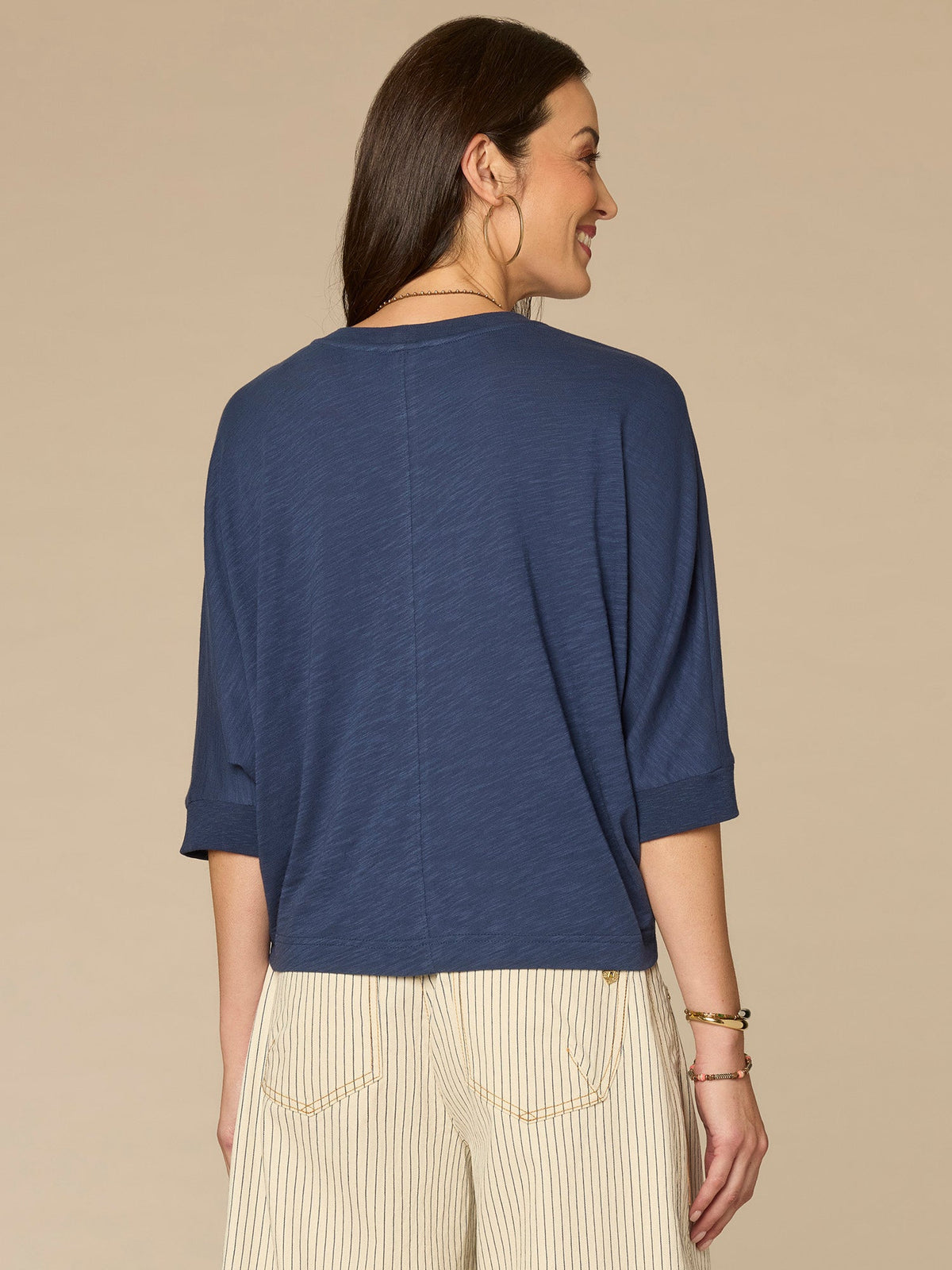 Democracy Clothing Three Quarter Dolman Sleeve Scoop Neck Embroidered Petite Knit Top - Navy Multi|Lavender Haze Multi