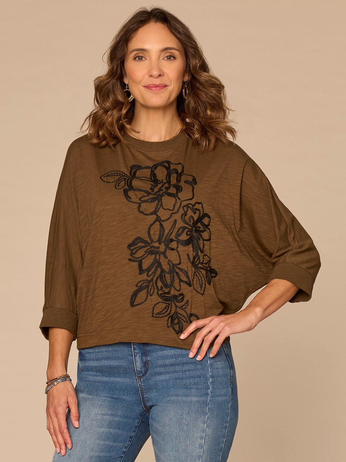 Democracy Clothing Three Quarter Dolman Sleeve Scoop Neck Embroidered Petite Knit Top - Jungle Moss Black|Off White Black|Persimmon Red