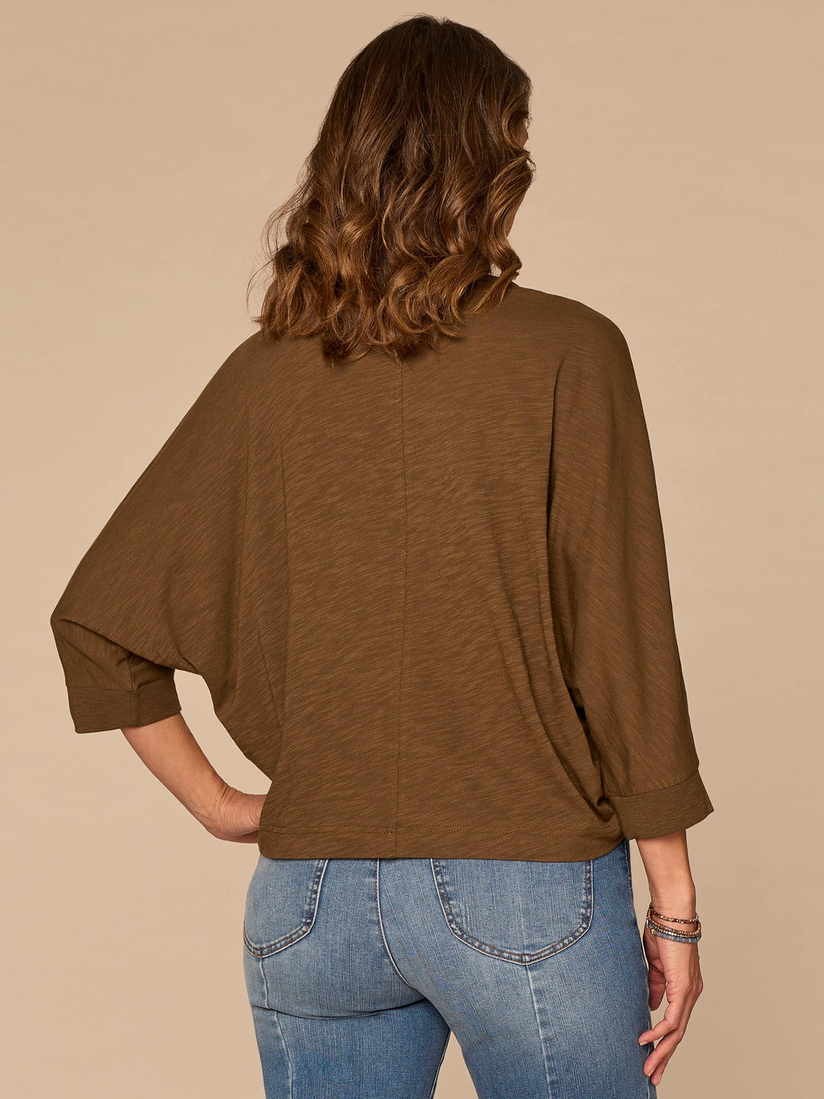 Democracy Clothing Three Quarter Dolman Sleeve Scoop Neck Embroidered Petite Knit Top - Jungle Moss Black|Off White Black|Persimmon Red