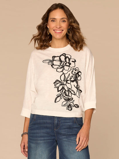 Democracy Clothing Three Quarter Dolman Sleeve Scoop Neck Embroidered Petite Knit Top - Jungle Moss Black|Off White Black|Persimmon Red