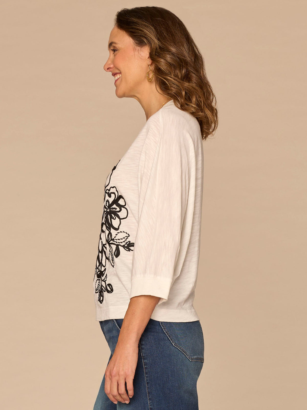 Democracy Clothing Three Quarter Dolman Sleeve Scoop Neck Embroidered Petite Knit Top - Jungle Moss Black|Off White Black|Persimmon Red