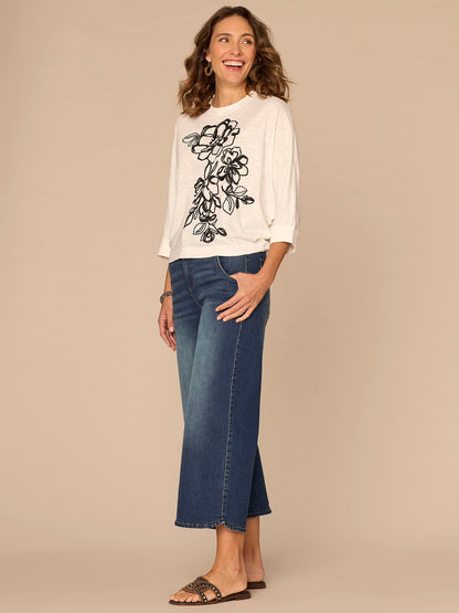 Democracy Clothing Three Quarter Dolman Sleeve Scoop Neck Embroidered Petite Knit Top - Jungle Moss Black|Off White Black|Persimmon Red