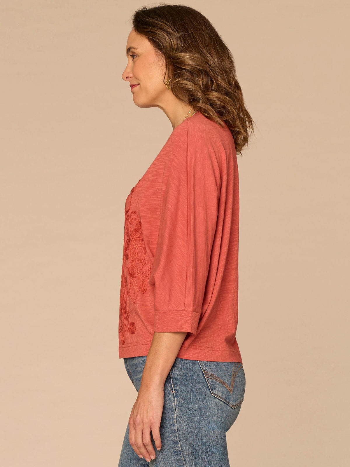 Democracy Clothing Three Quarter Dolman Sleeve Scoop Neck Embroidered Petite Knit Top - Jungle Moss Black|Off White Black|Persimmon Red