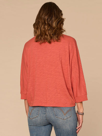 Democracy Clothing Three Quarter Dolman Sleeve Scoop Neck Embroidered Petite Knit Top - Jungle Moss Black|Off White Black|Persimmon Red