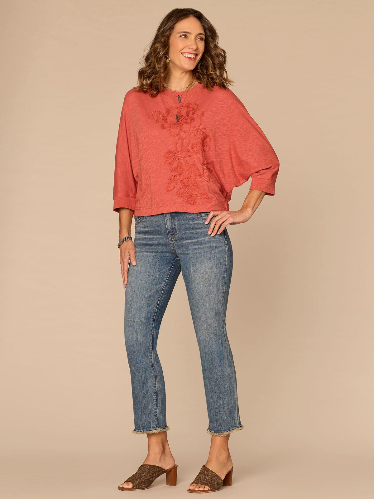 Democracy Clothing Three Quarter Dolman Sleeve Scoop Neck Embroidered Petite Knit Top - Jungle Moss Black|Off White Black|Persimmon Red