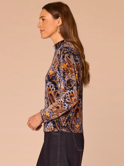 Democracy Clothing Long Batwing Sleeve Mock Neck Abstract Placement Print Knit Top - Navy Burnt Henna Multi