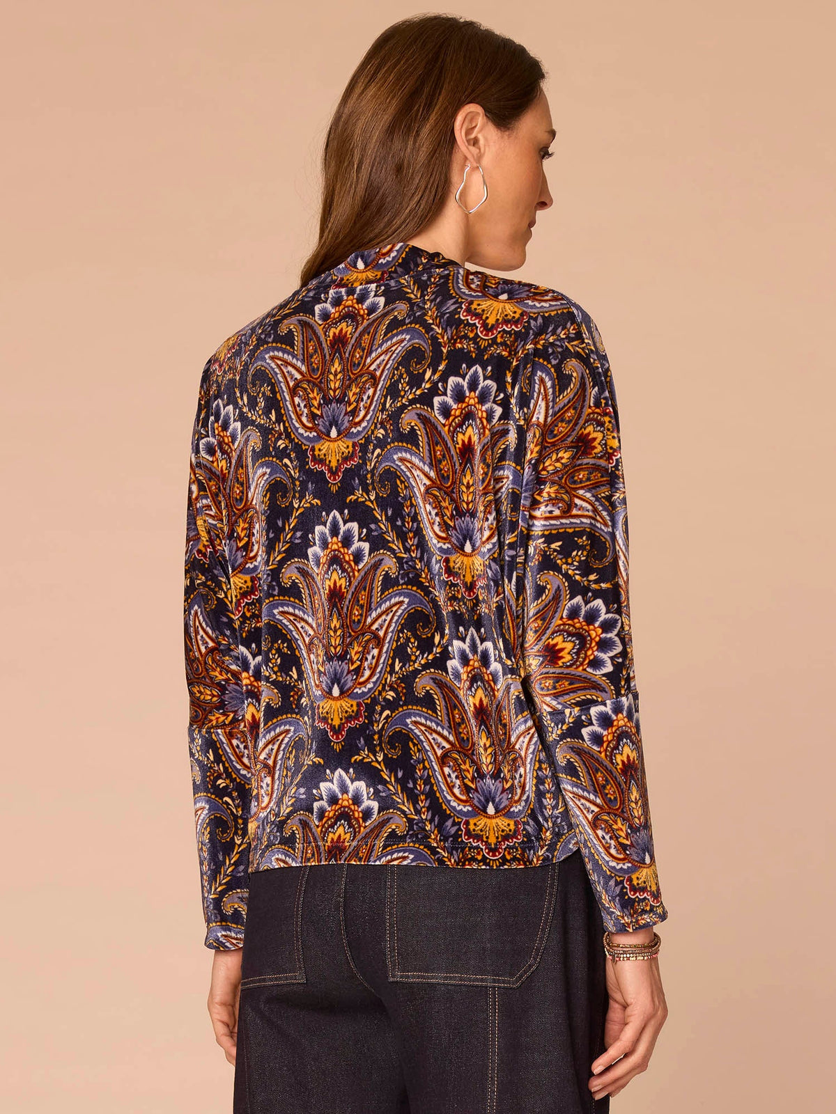Democracy Clothing Long Batwing Sleeve Mock Neck Abstract Placement Print Knit Top - Navy Burnt Henna Multi