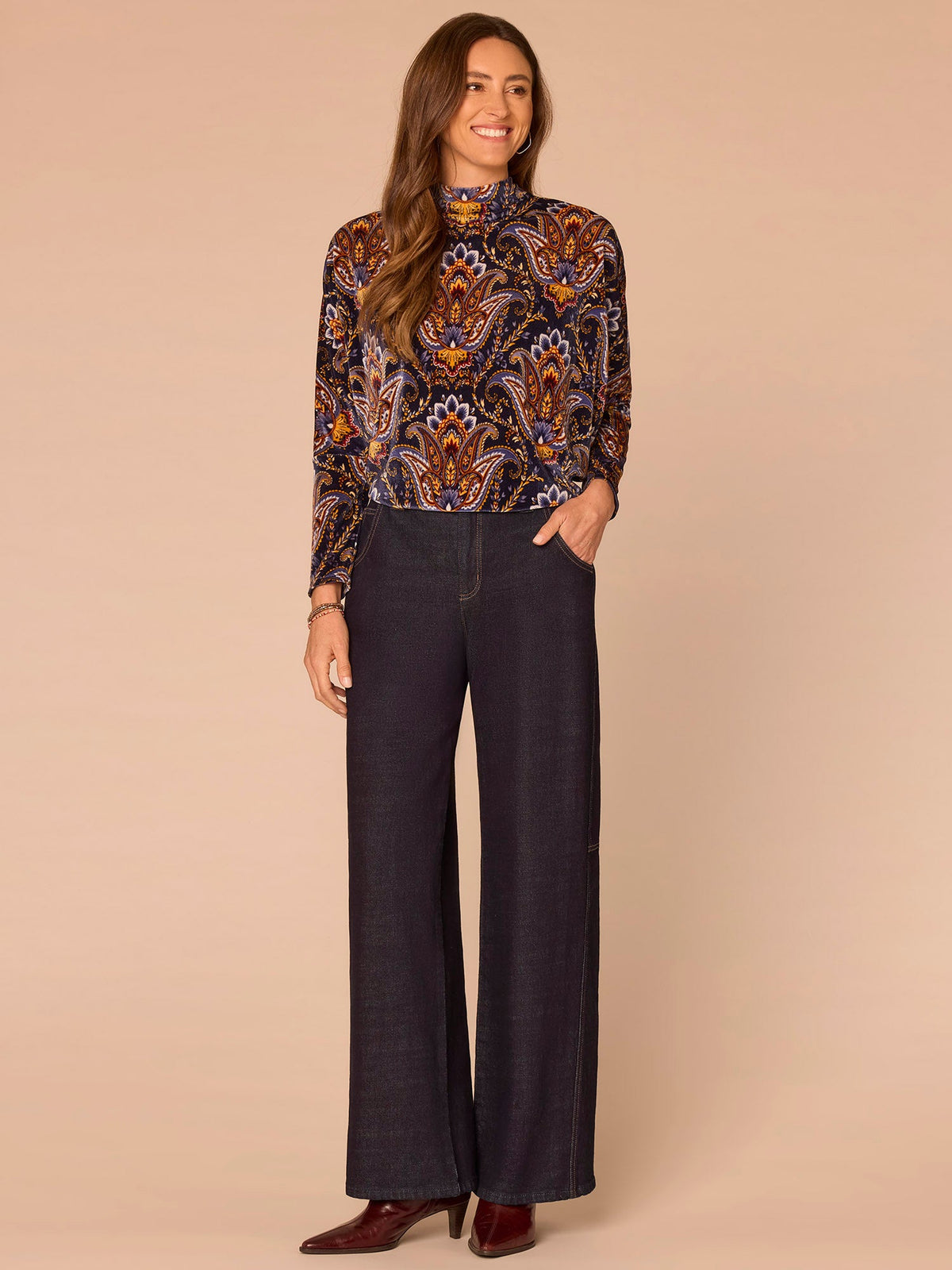 Democracy Clothing Long Batwing Sleeve Mock Neck Abstract Placement Print Knit Top - Navy Burnt Henna Multi