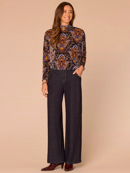 Democracy Clothing Long Batwing Sleeve Mock Neck Abstract Placement Print Knit Top - Navy Burnt Henna Multi