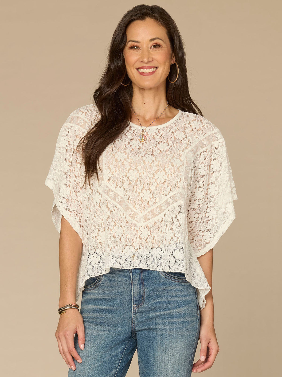 Democracy Clothing Short Sleeve Scoop Neck All Over Lace Petite Knit Poncho - Off White Natural