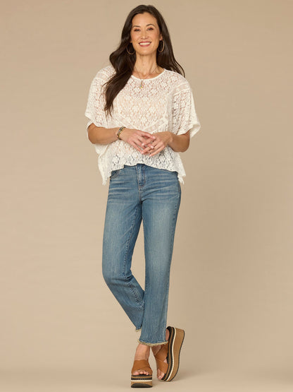 Democracy Clothing Short Sleeve Scoop Neck All Over Lace Petite Knit Poncho - Off White Natural