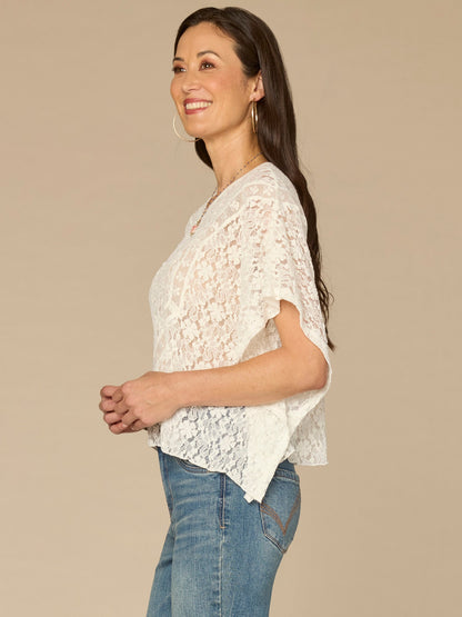Democracy Clothing Short Sleeve Scoop Neck All Over Lace Petite Knit Poncho - Off White Natural