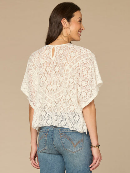 Democracy Clothing Short Sleeve Scoop Neck All Over Lace Petite Knit Poncho - Off White Natural