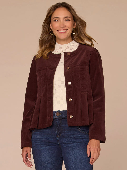 Democracy Clothing Long Puff Sleeve Peplum Box Pleat Button Down Petite Woven Jacket - Oxblood