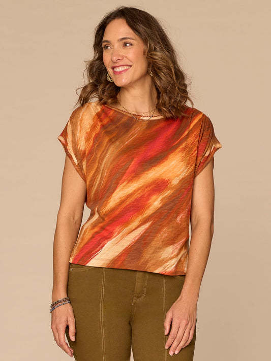 Democracy Clothing Short Dolman Sleeve Smocked Scoop Neck Placement Print Knit Top - Spiced Tea Multi