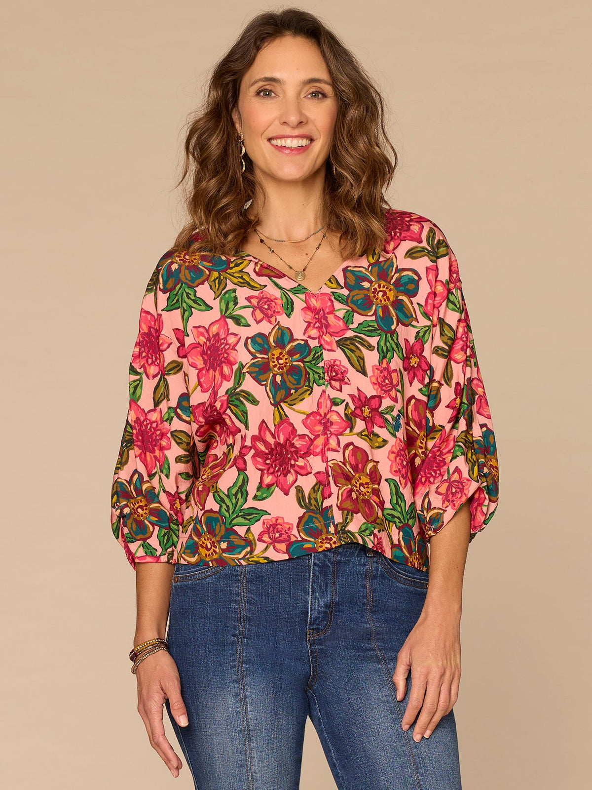 Democracy Clothing Three Quarter Kimono Sleeve V-Neck Floral Print Woven Top - Flamingo Pink Multi