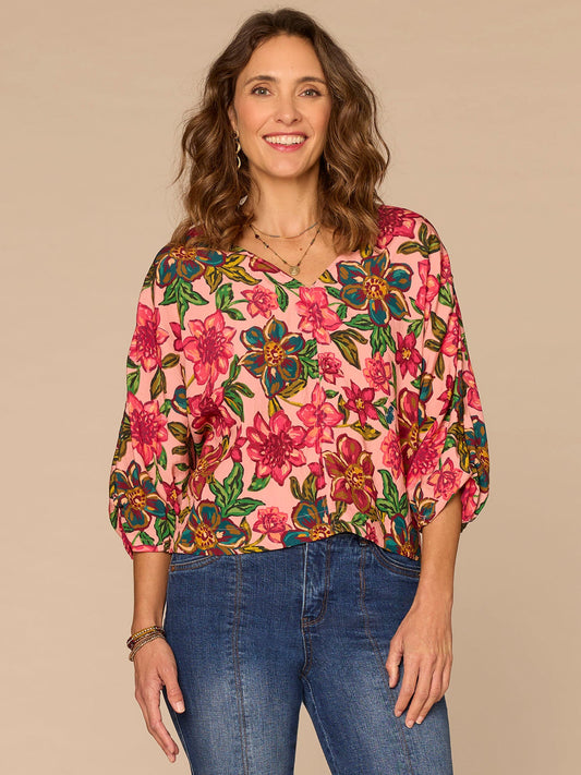 Democracy Clothing Three Quarter Kimono Sleeve V-Neck Floral Print Woven Top - Flamingo Pink Multi
