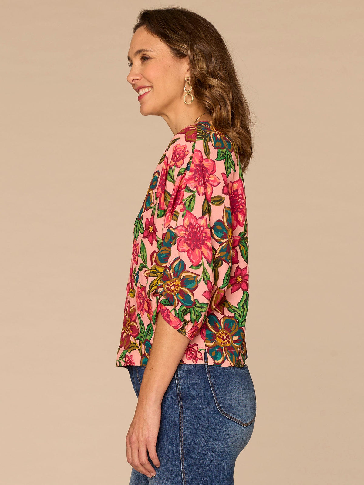 Democracy Clothing Three Quarter Kimono Sleeve V-Neck Floral Print Woven Top - Flamingo Pink Multi