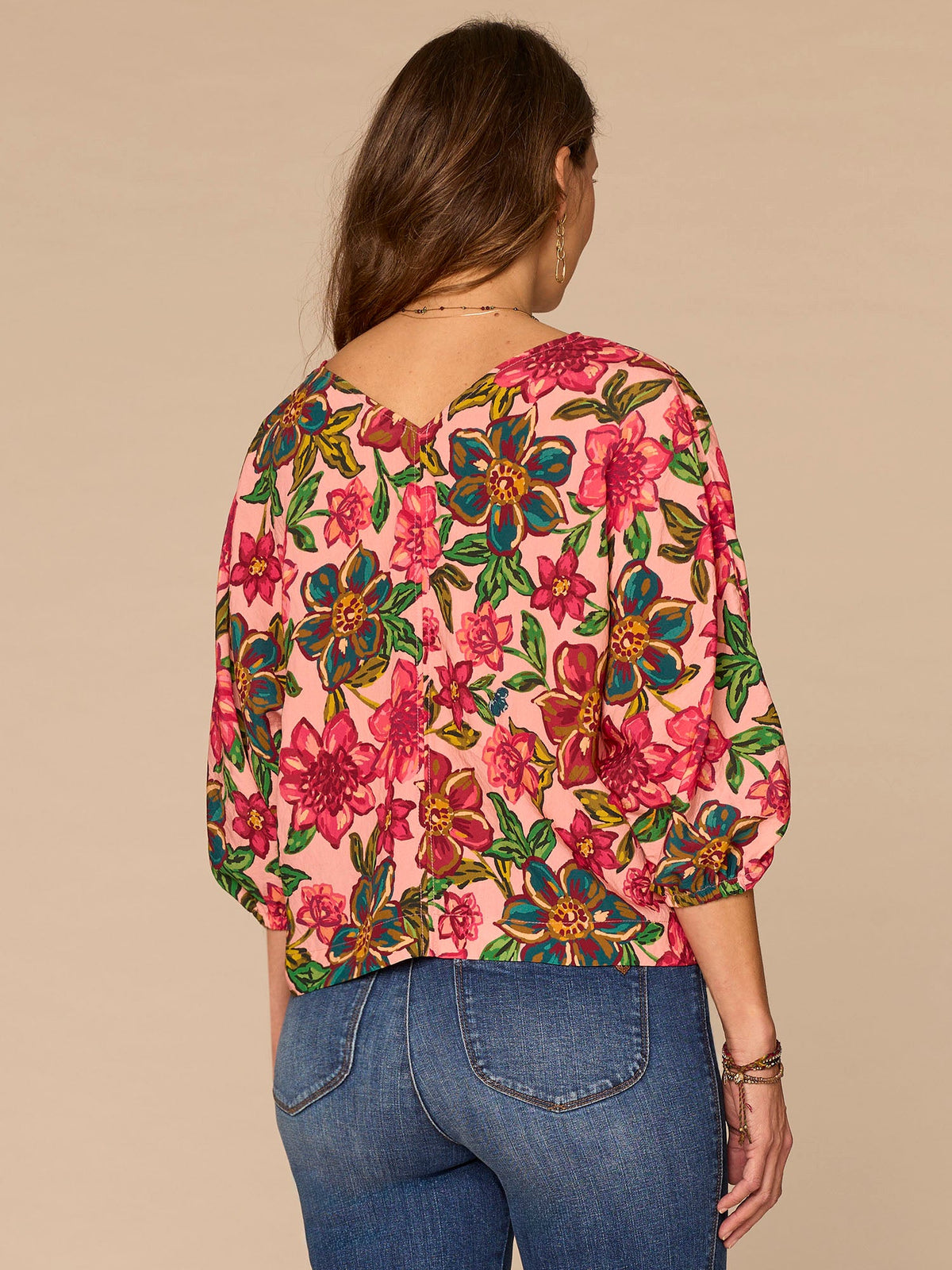 Democracy Clothing Three Quarter Kimono Sleeve V-Neck Floral Print Woven Top - Flamingo Pink Multi