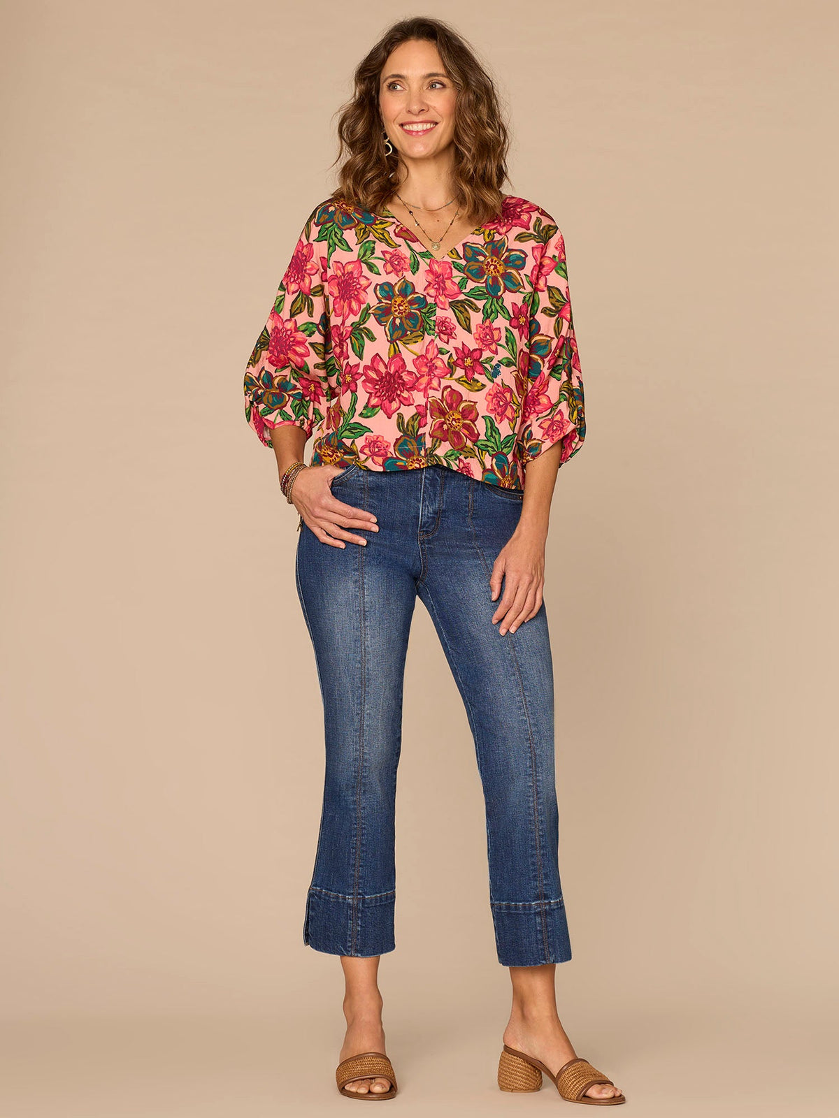 Democracy Clothing Three Quarter Kimono Sleeve V-Neck Floral Print Woven Top - Flamingo Pink Multi