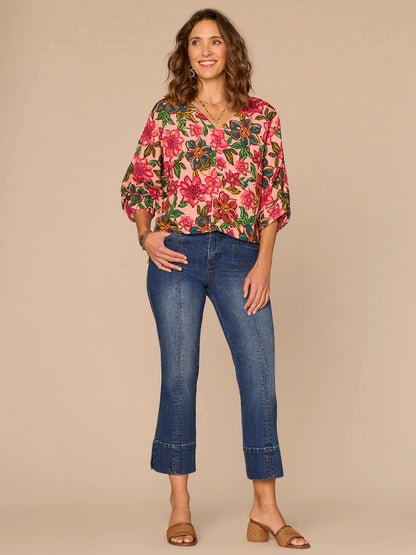 Democracy Clothing Three Quarter Kimono Sleeve V-Neck Floral Print Woven Top - Flamingo Pink Multi