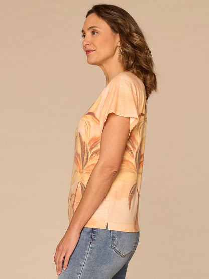 Democracy Clothing Short Sleeve Scoop Neck Palm Tree Print Petite Knit Boyfriend Tee - Salmon Buff Multi
