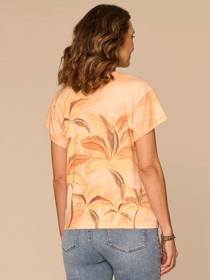Democracy Clothing Short Sleeve Scoop Neck Palm Tree Print Petite Knit Boyfriend Tee - Salmon Buff Multi