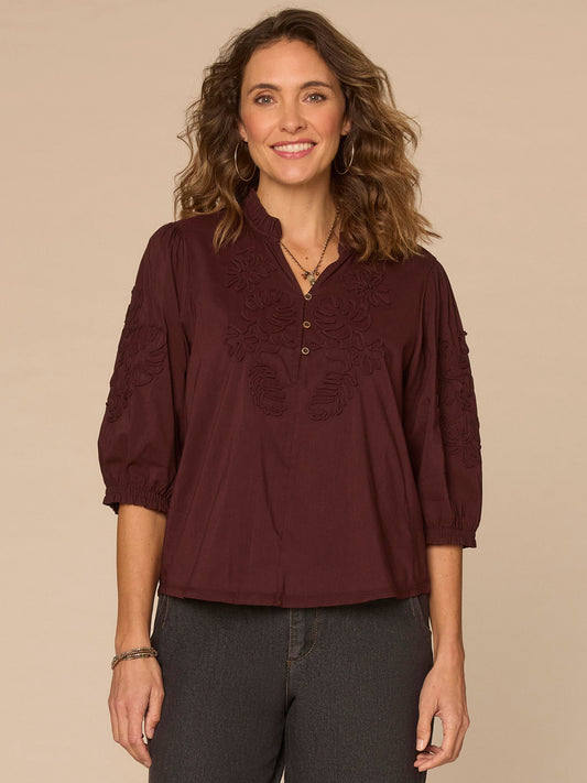 Democracy Clothing Blouson Sleeve Ruffle V-Neck Soutache Mixed Media Petite Woven Top - Cherry Chocolate