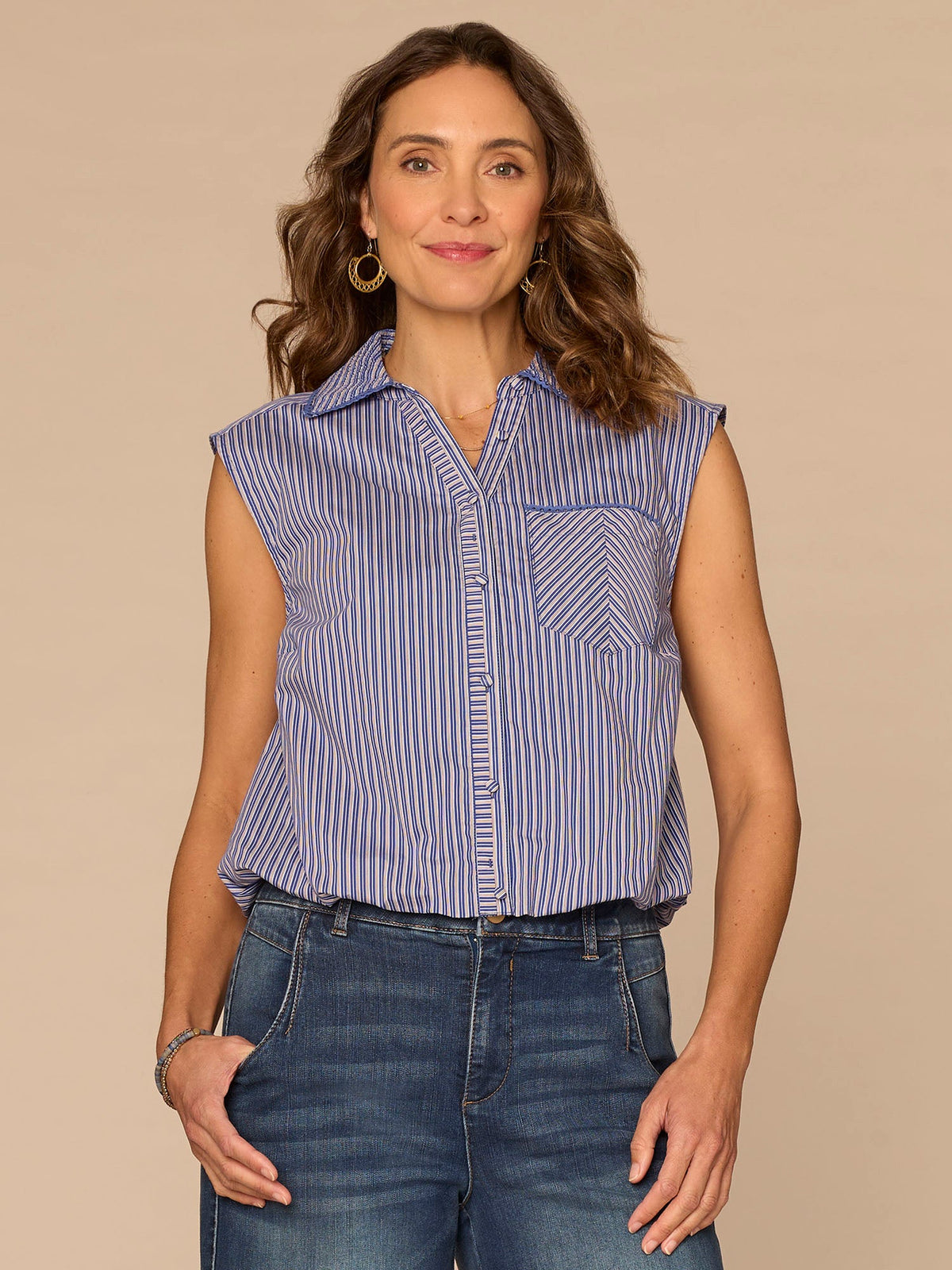 Democracy Clothing Sleeveless Smocked Collar Button Down Striped Petite Woven Shirt - Flamingo Pink|Cosmic Cobalt