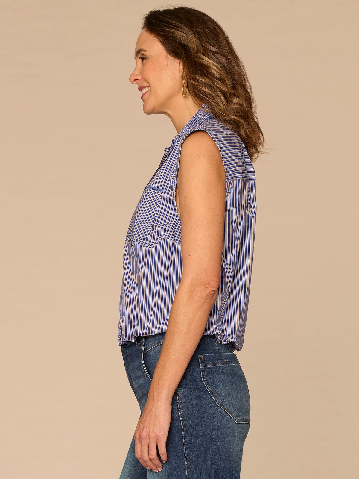 Democracy Clothing Sleeveless Smocked Collar Button Down Striped Petite Woven Shirt - Flamingo Pink|Cosmic Cobalt