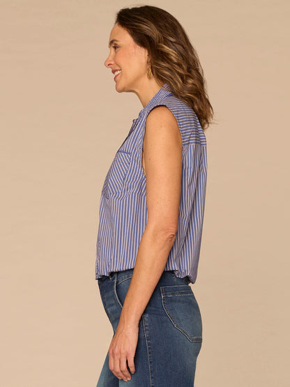 Democracy Clothing Sleeveless Smocked Collar Button Down Striped Petite Woven Shirt - Flamingo Pink|Cosmic Cobalt