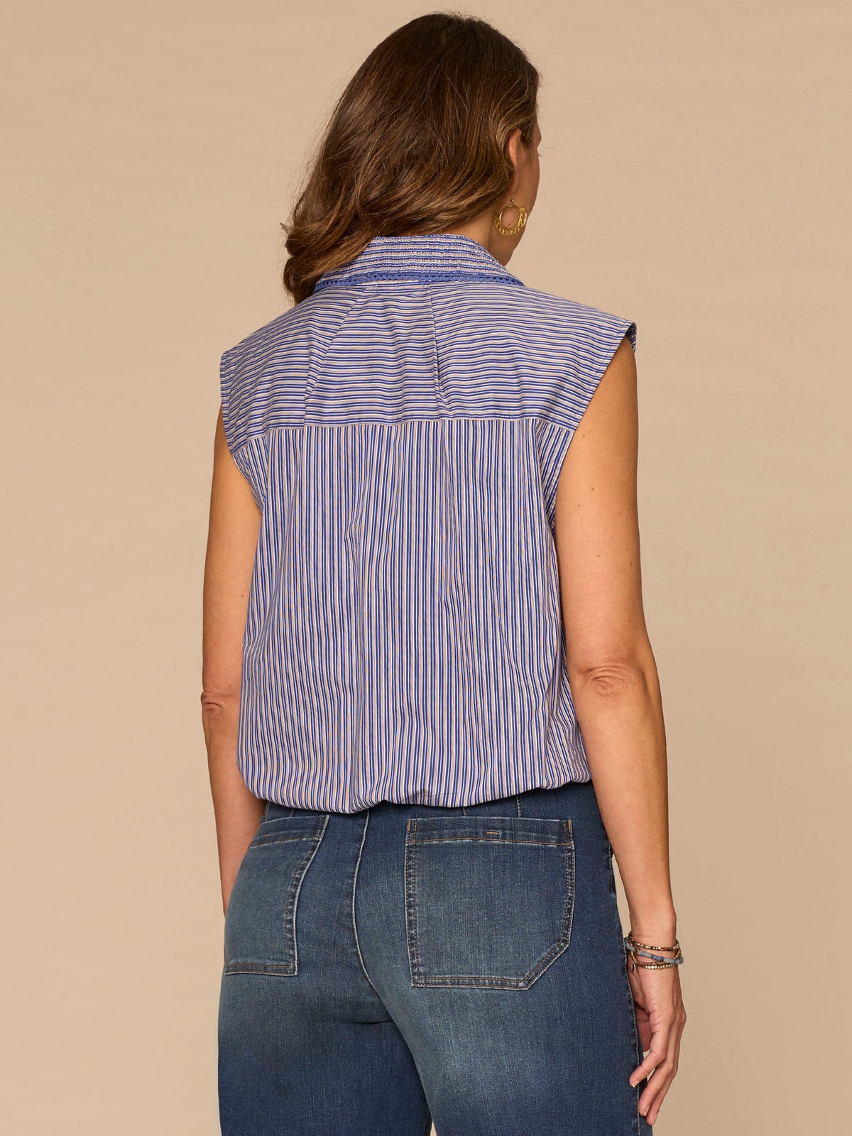Democracy Clothing Sleeveless Smocked Collar Button Down Striped Petite Woven Shirt - Flamingo Pink|Cosmic Cobalt