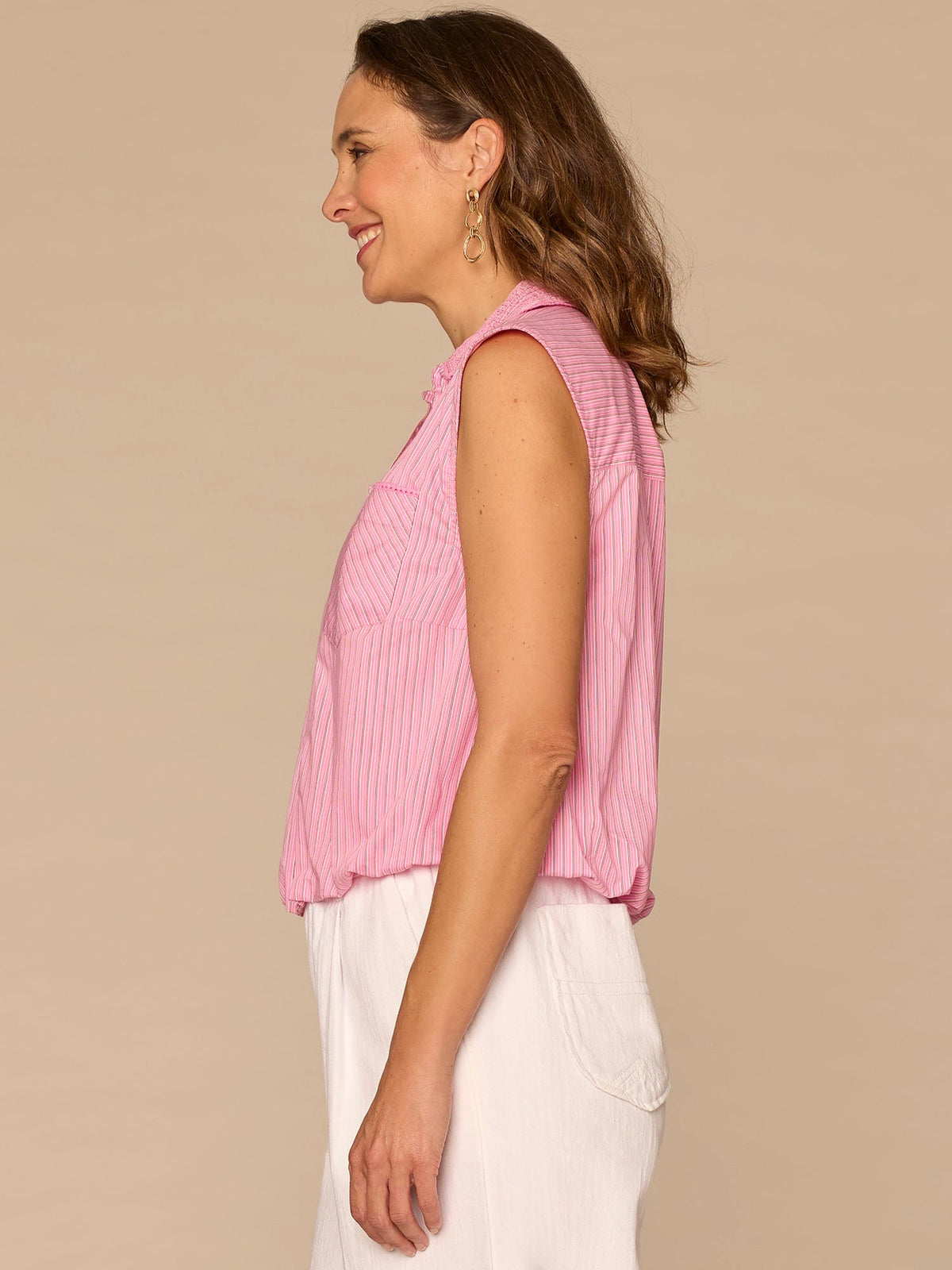Democracy Clothing Sleeveless Smocked Collar Button Down Striped Petite Woven Shirt - Flamingo Pink|Cosmic Cobalt